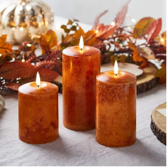 Lights4fun TruGlow® Set of 3 Real Wax Candles Orange with Warm White LED Flame and Timer 10/12.5/15 cm