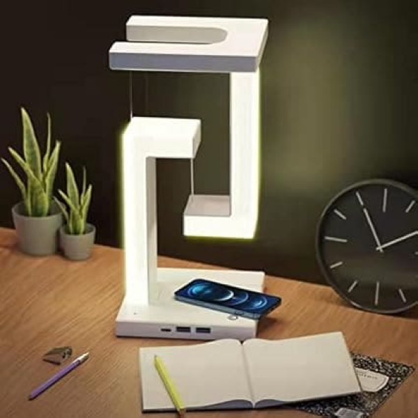 Magnetic Floating Lamp, Unique Modern Floating Lamp LED Night Light with Wireless Phone Charger, 3 Lighting Settings Desk Table Lamp Home