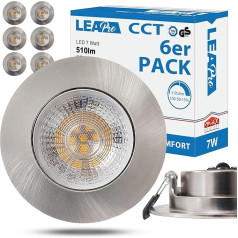 Set of 6 LED recessed spotlights, LEA-Pro 7 W, ultra flat, warm white, neutral white, cool white, 3-level dimmable, IP20, 230 V, recessed spotlight, brushed iron