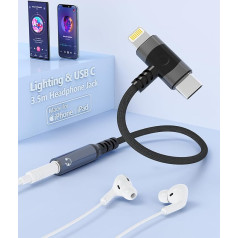 Lightning & USB-C to 3.5 mm Headphone Adapter, 2 in 1 Headphone Adapter, Type C Headphone Jack Adapter, Aux Digital Audio Headphones Hi-Res DAC Suitable for iPhone 16 15/Samsung Galaxy/Pixel, Pack of