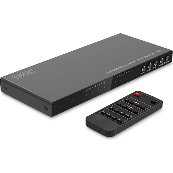 DIGITUS DS-55345 HDMI Matrix Switch 4x2 - 4 In 2 Out - UHD 4K/30Hz HDTV: 3840 x 2160p - HDCP 1.4 & HDMI 1.4b - Multi-Viewer, Split Screen, Pip - RS232, Audio (Toslink, Stereo 3.5mm)