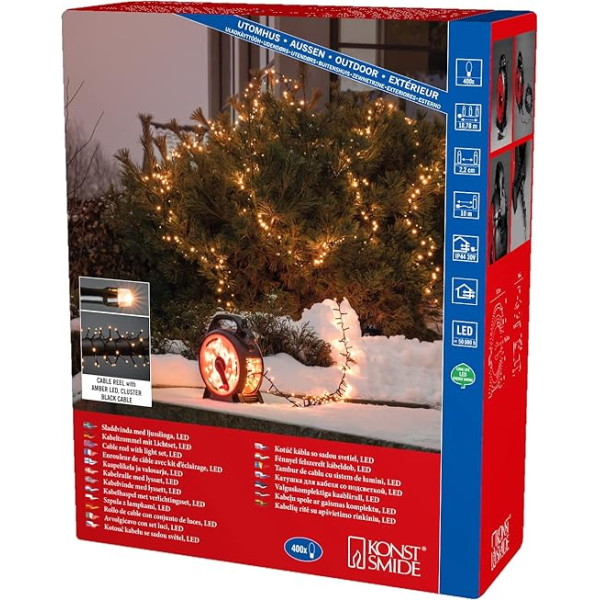 Konstsmide Micro LED Compactlights Fairy Lights with Cable Reel, Black/Red, 400 Amber Diodes, 30 V External Transformer, 6 W, Black Cable - 3844-800