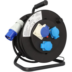 cartrend Explorer CEE Cable Reel with CEE Plug, 2 Earthing Contact Sockets & CEE Socket with Hinged Lid, Extension Cable for Camping and Outdoor Use, IP44, 25 m, Black