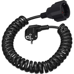3 m Coiled Extension Cable, 0.8 m to 3 m Stretchy Coiled Cable with Protective Contact Cable Plug & Earthing Contact Coupling, 230 V/16 A, IP20, Black
