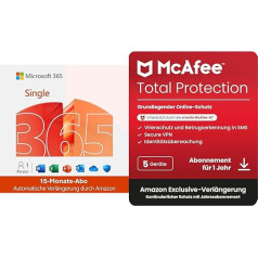 Microsoft 365 Single | 15 Monate | 1 Nutzer | Office & 6TB Cloud | PC/Mac/Mobile + McAfee Total Protection | 5 Geräte | Antivirus & VPN | PC/Mac/Mobile | 1 Jahr Auto-Renewal