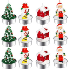 Weihnachtskerzen, 12 Stück Weihnachts-Teelichter, Mini-Kerzen, einschließlich Weihnachtsbaum- und Weihnachtsmann-Form-Kerzen, Feiertagstischdekoration, Weihnachtstischdekoration, Weihnachtsgeschenke