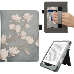 kwmobile Flip Cover kompatibel mit Amazon Kindle Paperwhite (12. Gen 2024) / Kindle Colorsoft - Hülle mit Handschlaufe Magnolien Taupe Weiß Blaugrau