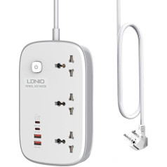 Yangers 3 Power Strip 2 m with 4 USB Slots, 3250 W Extension Cable, 65 W PD Fast Charger USB C, Socket Adapter with 2 Type C 2 USB A Ports for Home Office Kitchen