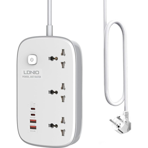 Yangers 3 Power Strip 2 m with 4 USB Slots, 3250 W Extension Cable, 65 W PD Fast Charger USB C, Socket Adapter with 2 Type C 2 USB A Ports for Home Office Kitchen