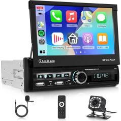 Rimoody Car Radio 1 DIN Wireless Carplay Android Car 7 Inch IPS Electric Retractable Screen Car Radio with Mirror Link FM/USB/EQ/AUX/SD/U-Disk Remote Control Steering Wheel Control Reversing Camera
