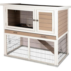 Kerbl Pet Pet Lucky Rodent Hutch with Freewheel for Rabbits / Guinea Pigs, Stand-Up Weatherproof Bitumen Roof with Pull-Out Plastic Tray, 115 x 65 x 100 cm, White/Brown