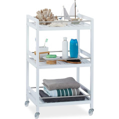 Relaxdays Bamboo Serving Trolley, 3 Shelves, 360° Rotating Wheels, Stainless Steel Rods, Kitchen Trolley, HBT: 76.5 x 46 x 38 cm, White