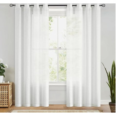 FMFUNCTEX White Linen Look Curtains with Eyelets Linen Curtains Semi-Transparent Country House Style Living Room Modern for Bedroom Children's Room Balcony Door Set of 2 225 x 127 cm (H x W)
