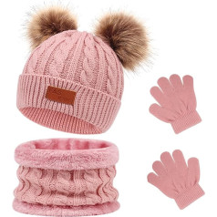 Waylipun 3-in-1 Children's Winter Hat Scarf Gloves Set, Knitted Hat Baby Hat Children's Hat Set, Warm Winter Beanie Hat Gloves Scarf Set for Children Boys Girls 1-5 Years