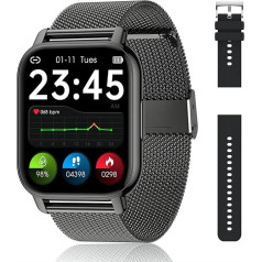 Popglory Smartwatch Men Women Voice Assistant 100+ Sports Modes Fitness Watch with Bluetooth Calls SpO2 Blood Pressure Monitor Heart Rate Pedometer Sleep Monitor 2 Watch Straps