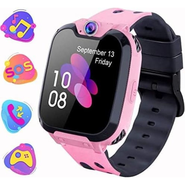PTHTECHUS ® Children's Smartwatch, Phone Watch with Music Player, Video, Alarm Clock, 16 Games, Sticker Camera, Kids Smart Watch SOS, Children's Watch Gift Suitable for Boys and Girls Aged 4-14 Pink