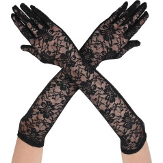 Long Lace Gloves Women's Wedding Finger Gloves Elbow Flowers Lace Gloves Bridal Costume Gloves Stretch Tea Party Gloves Dance Gloves 1920s Costume (White/Black)