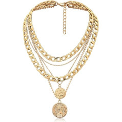 Sttiafay Punk Chunky Chain Exaggerated Layered Cuban Link Chain Necklace Multilayer Carved Coin Pendant Necklace Thick Choker Jewellery for Women (Gold)