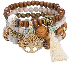 SHUBEIEUMI Boho Wooden Beads Bracelet, Pack of 4 Boho Tassel Bracelet for Women, Tree of Life Charm Statement Bangles, Crystal Pearl