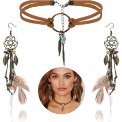 LOLIAS Boho Dream Catcher Earrings Drop Leather Choker Necklace Set for Women Handmade Retro Earrings Vintage Bohemian Feather Pendant Dangle Earrings Tribal Jewellery Gift, Leather