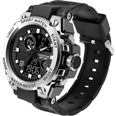 Men's Sports Watches, Military, Outdoor, Large Watch, Digital and Analogue, Two Time Zones, LED display, Calendar, for Men and Boys