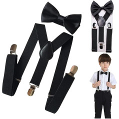 KLLJ Braces Bow Tie Set, Children's Braces Bow Tie Set, Y-Shape Adjustable Braces, Adjustable Bow Tie and Braces in Set for Boys and Girls, black