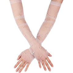 Pack of 2 Pearl Gloves, 46 cm Bridal Gloves Pearls Fingerless Tulle Gloves for Women Tulle Long Gloves Bridal Gloves for Opera Halloween Costume Party Dance (White), White