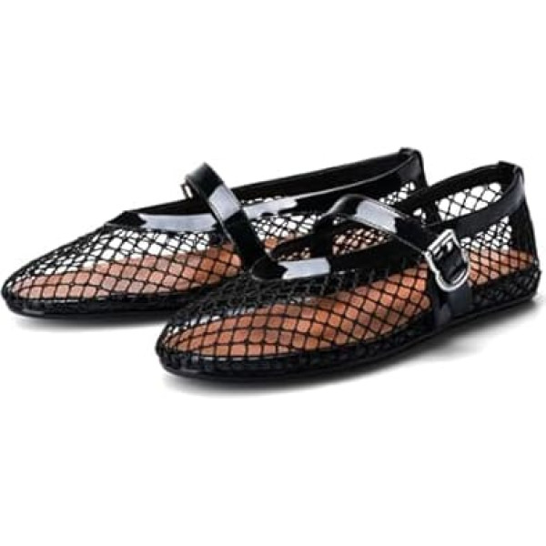 MIRAAZZURRA Ballerinas Flats for Women Mesh Ballerina Shoes Fishnet Flat Sandals with Adjustable Buckle Strap