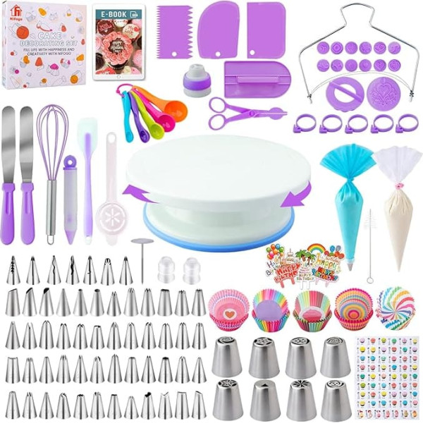 Cake Accessory Set, 356 Pieces, Nifogo Baking Accessories, Cake Decorating Accessories with Cake Plate, Rotatable, Piping Bag, Piping Nozzles, Spatula for Beginners