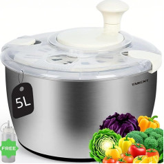 Salad Spinner Stainless Steel 5 L with Squeeze Bottle, Also as a Large Salad Bowl and Pasta Strainer - Ideal Salad Spinner for the Kitchen for Salad Washing, Draining Pasta and Drain Salad