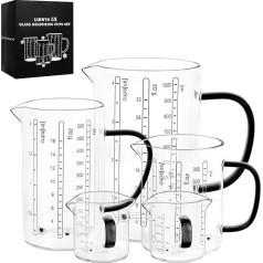 LIBWYS Measuring Cups Glass Set of 5, 1L + 500 ml + 350 ml + 2 x 75 ml, Heat Resistant Borosilicate Glass with Non-Slip Silicone Pad, Scale in Litres, Millilitres, Cups & Ounces, Dishwasher Safe