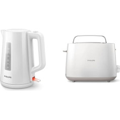 Philips HD9318/00 Series 3000 Kettle, 1.7 L, Spring Cover, LED Display, White & HD2581/00 Toaster, Integrated Bun Attachment, 8 Browning Levels, White