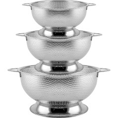 HEIYUET Sieve Set of 3, Pasta Strainer with Base and Handle, 19/22/28 cm Kitchen Strainer Stainless Steel Strainer for Drain and Rinse Vegetables, Fruits, Pasta, Rice, Dishwasher Safe