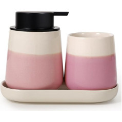 Bathroom Set, Pink, 3-Piece Bathroom Accessory Set Made of Ceramic, Decorative Bathroom Accessories, Soap Dispenser Set, Toothbrush Cup & Bathroom Shelf for Jewellery, Suitable for