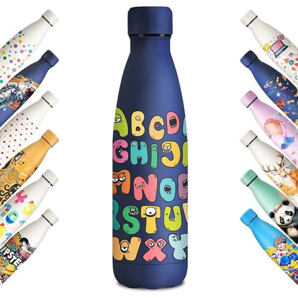 KollyKolla Stainless Steel Drinking Bottle, 500 ml, 3D Print Drinking Bottle, Sports Bottle, Suitable for Carbonated Drinks, Leak-Proof Thermos Flask, BPA-Free, Drinking Bottles for Children, School,