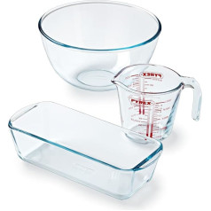 Pyrex - 3 Piece Pastry Set - 1 x 0.5L Measuring Cup + 1 x 2L Mixing Bowl + Cake Pan - Borosilicate Glass - Scratch Resistant - Made in France