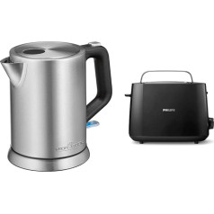 ProfiCook 501106 PC-WKS 1106 Stainless Steel Kettle, 1 Litre, Maximum 1850-2200 Watt, Water Level Indicator, inox & Philips Toaster - 2 Toast Slots, 8 Levels, Black (HD2581/90)