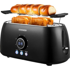 XXL Toaster 4 Slices with Bun Attachment, Black Toaster, Digital Display, Automatic Shut-Off, Long Slot Toaster