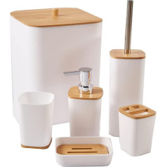 6 Piece Bamboo Bathroom Accessory Set, Luxury Modern Bathroom Accessories, Bathroom Set, White Toilet Accessories with Trash Can, Toothbrush Holder, Cup, Soap Dish Holder, Soap Dispenser