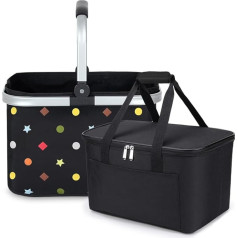 30L Classic Shopping Set 2-Piece Consisting of Shopping Basket and Cool Bag Shopping Basket with Aluminium Handle Foldable Shopping Bag with Insulation for Work/Shopping, Colourful black