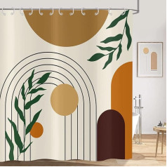 Boho Shower Curtain, Mid Century Abstract Green Leaves Arch Sun Beige Bath Curtain Modern Minimalist Geometric Aesthetic Art Waterproof Fabric Washable Bath Curtain 180 x 180 cm