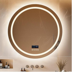 LUVODI Round Bathroom Mirror with Bluetooth: 80 cm Round Mirror with Backlight and Front Lighting, Smart Digital Bathroom Mirror, IP66, Dimmable, De-fogging, Memory Function