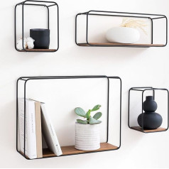 Kazai. Jona- Wall Shelf Set, 4-Piece Hanging Shelf Made of Metal and Real Wood Veneer, Wall Decoration and Shelf for Bathroom, Living Room, Kitchen, Bedroom and More, Walnut