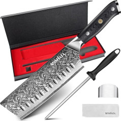 MOSFiATA Damascus Nakiri Knife 7 Inch Chef's Knife Damask Kitchen Knife Damascus Steel Japanese Knife Sharp Chef Knife Professional Meat Knife with Finger Protection Knife Sharpener, as a Gift