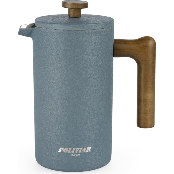 POLIVIAR 8 Cup French Press Coffee Maker with Wooden Handle, Double Walled Insulated Coffee Maker and 1 Extra Filter, Stainless Steel Coffee Maker for Coffee and Tea, 1L