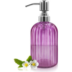 14 oz Glass Soap Dispenser with 304 Stainless Steel Pump, Refillable Hand Liquid Soap Dispenser for Bathroom, Kitchen, Worktop, Laundry Room (Purple)
