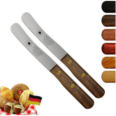 Solingen Knives, Set of 2 Walnut Wooden Handle, Serrated Edge, Premium Humpback Knife, Stainless Steel Blade, 11 cm - Kitchen Knife, Bread Knife, Breakfast Knife, Thin Cut & Hand Pull, Made in Germany