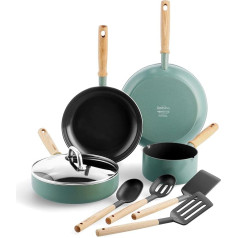 GreenPan Mayflower Healthy Ceramic Non-Stick Cookware Pot and Pan Set, 9 Pieces, Vintage Wooden Handle, PFAS-Free, Induction, Smoke Blue, Blue