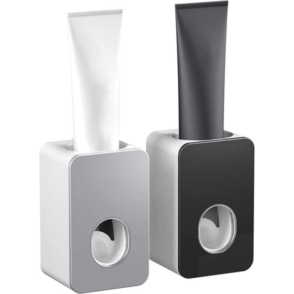 Toothpaste Squeezer Holder, 2 Pieces Automatic Toothpaste Squeezer, Wall Mounted Toothpaste Dispenser, Wall Mounted Toothpaste Holder, for Shower, Bathroom, Sink (Black + Grey)