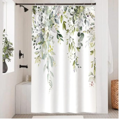 Uiiooazy Shower Curtain, Eucalyptus Green, Shower Curtain, Watercolour Leaves, Flowers, Pink Shower Curtains, Anti Mould, Waterproof Polyester Fabric, Washable Bathroom Curtain with 8 Hooks for